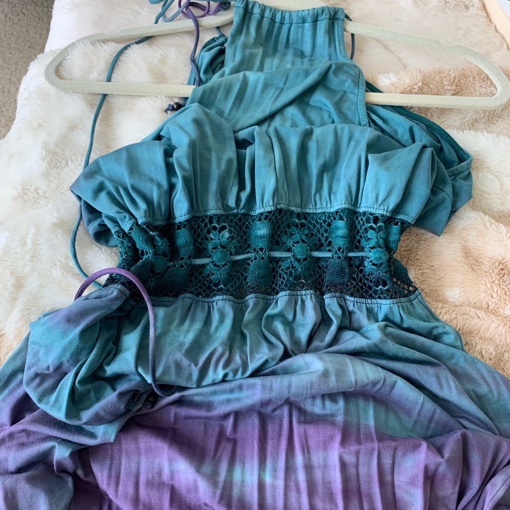 Michelle Jonas Tie Dye Halter Maxi With Crochet